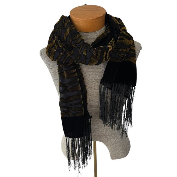 Rikka Scarf Womens 62" x 20" Green Black Velvet Brocaded Zebra Fringe Sheer - Picture 5 of 8